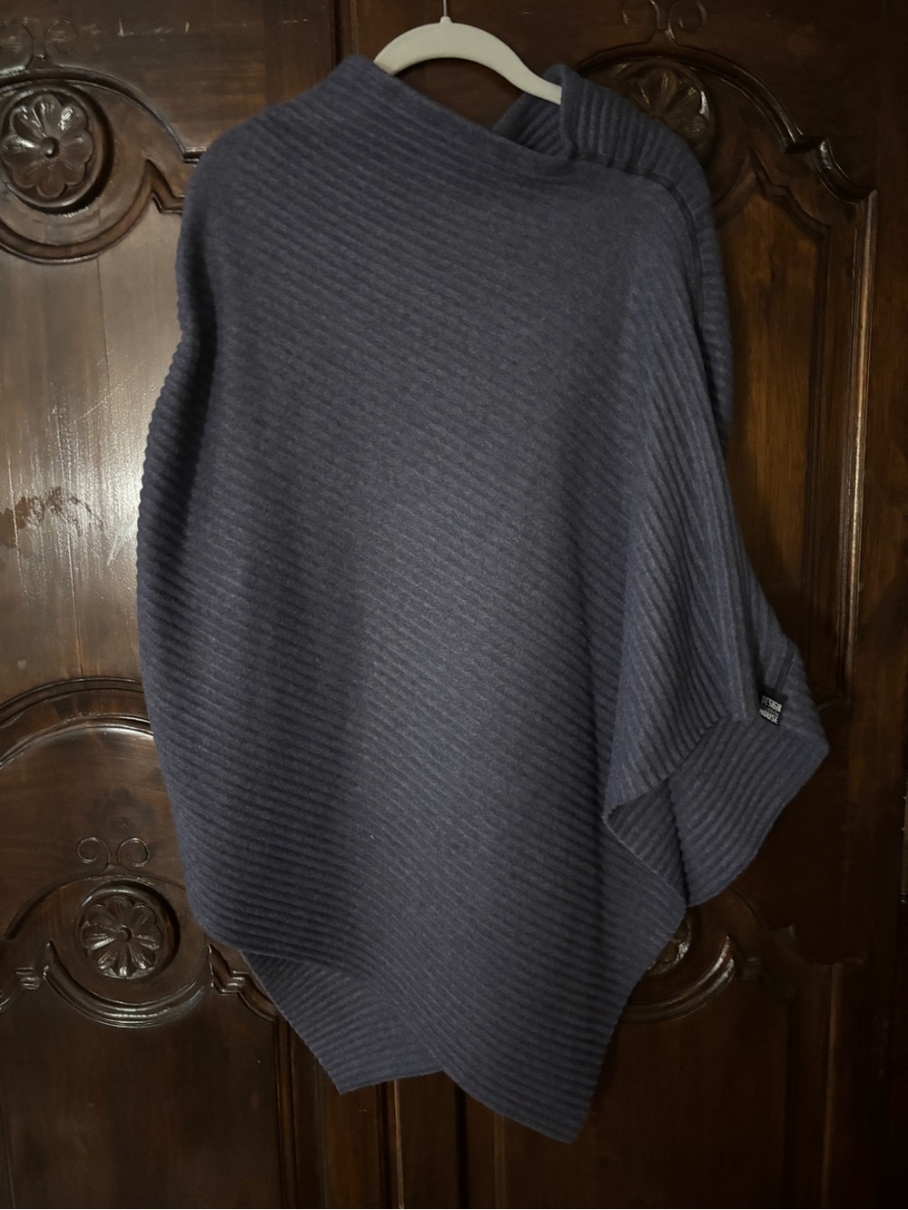 Women's Ribbed Poncho Sweater in Charcoal Blue